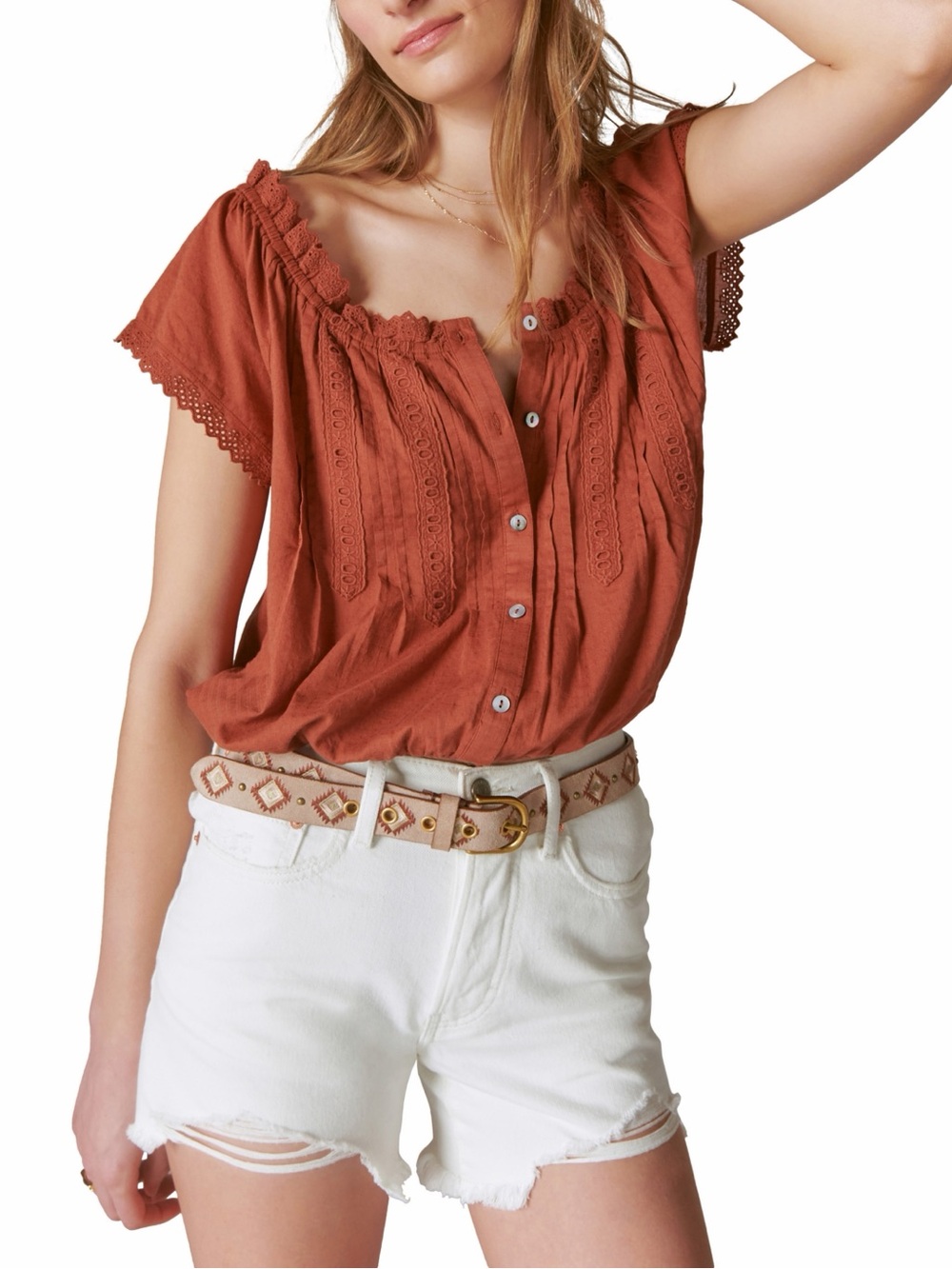 Lucky Brand Rust Boho Button Front Lacey Trim Blouse Women’s S